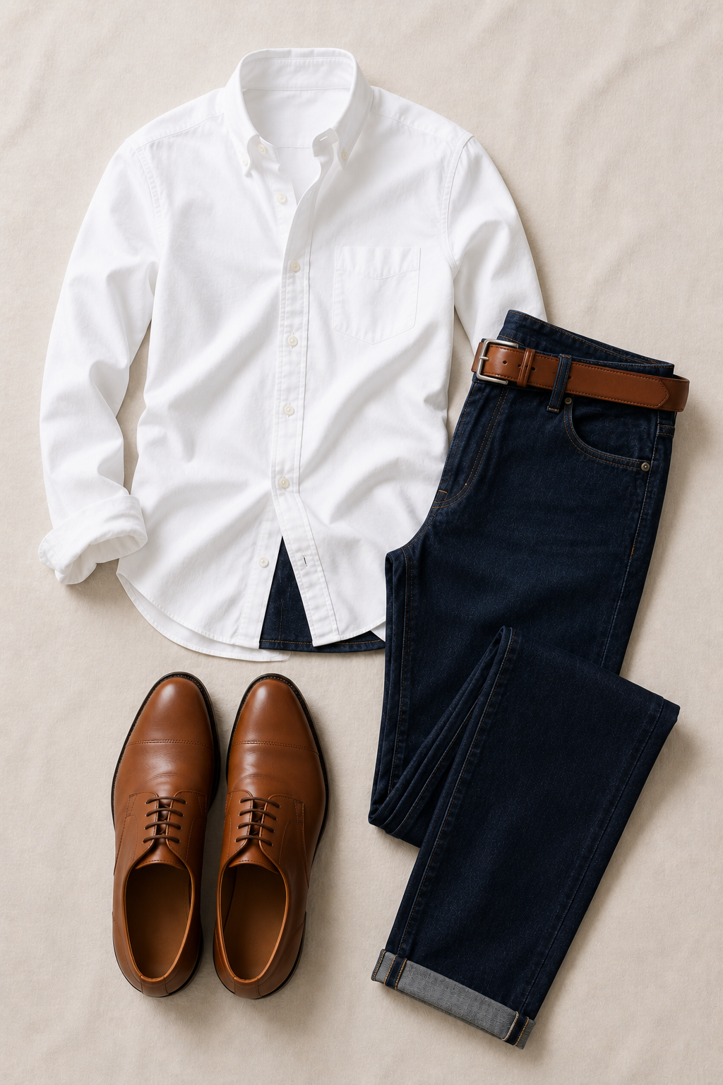 The Brunch Order outfit flat-lay — white Oxford shirt untucked, dark wash jeans, tan Derby shoes, brown leather belt