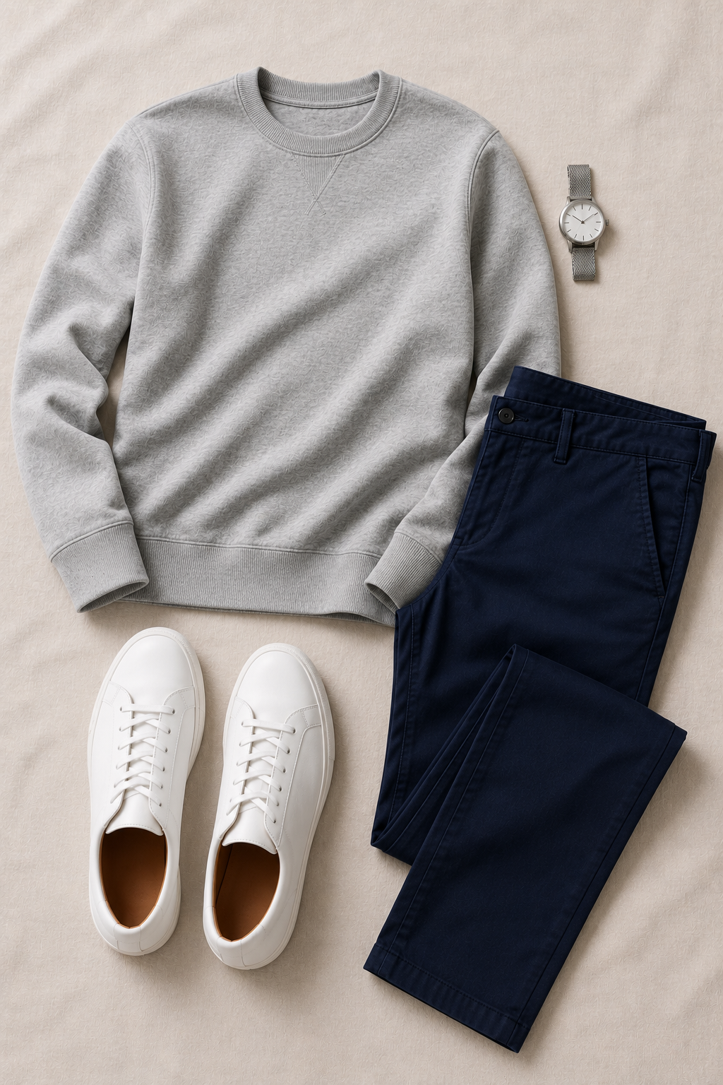 Casual Friday outfit flat-lay — gray sweatshirt, navy chinos, white sneakers, mesh-strap watch