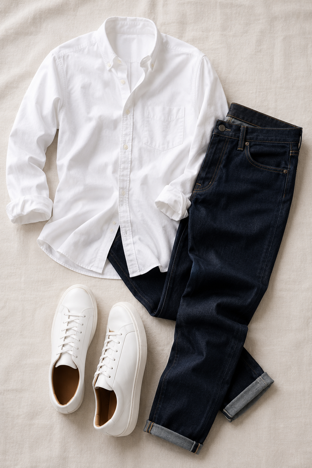 The Off-Duty Edit outfit flat-lay — white oxford shirt, dark wash jeans, white sneakers