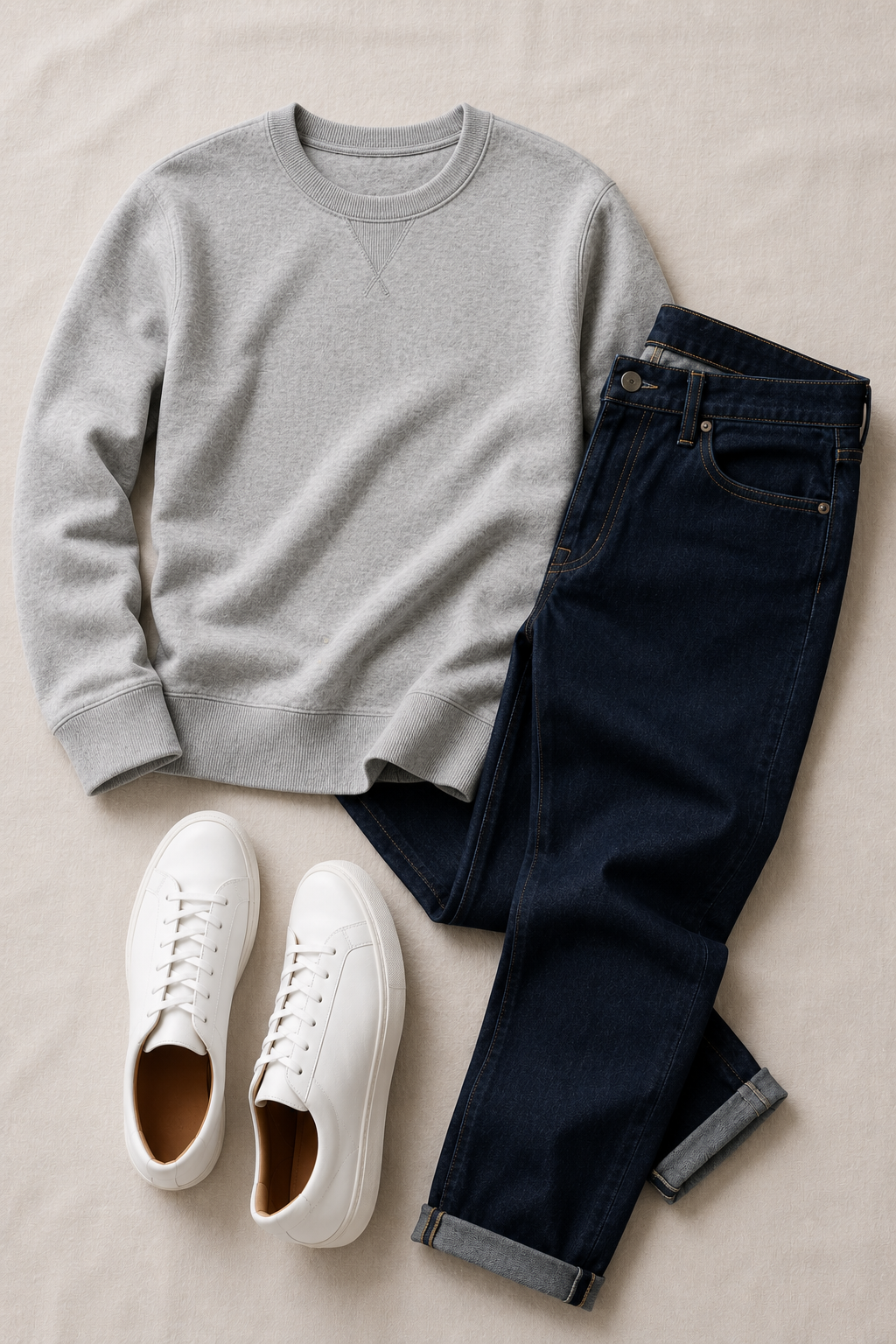 The Saturday Standard outfit flat-lay — gray sweatshirt, dark wash jeans, white sneakers