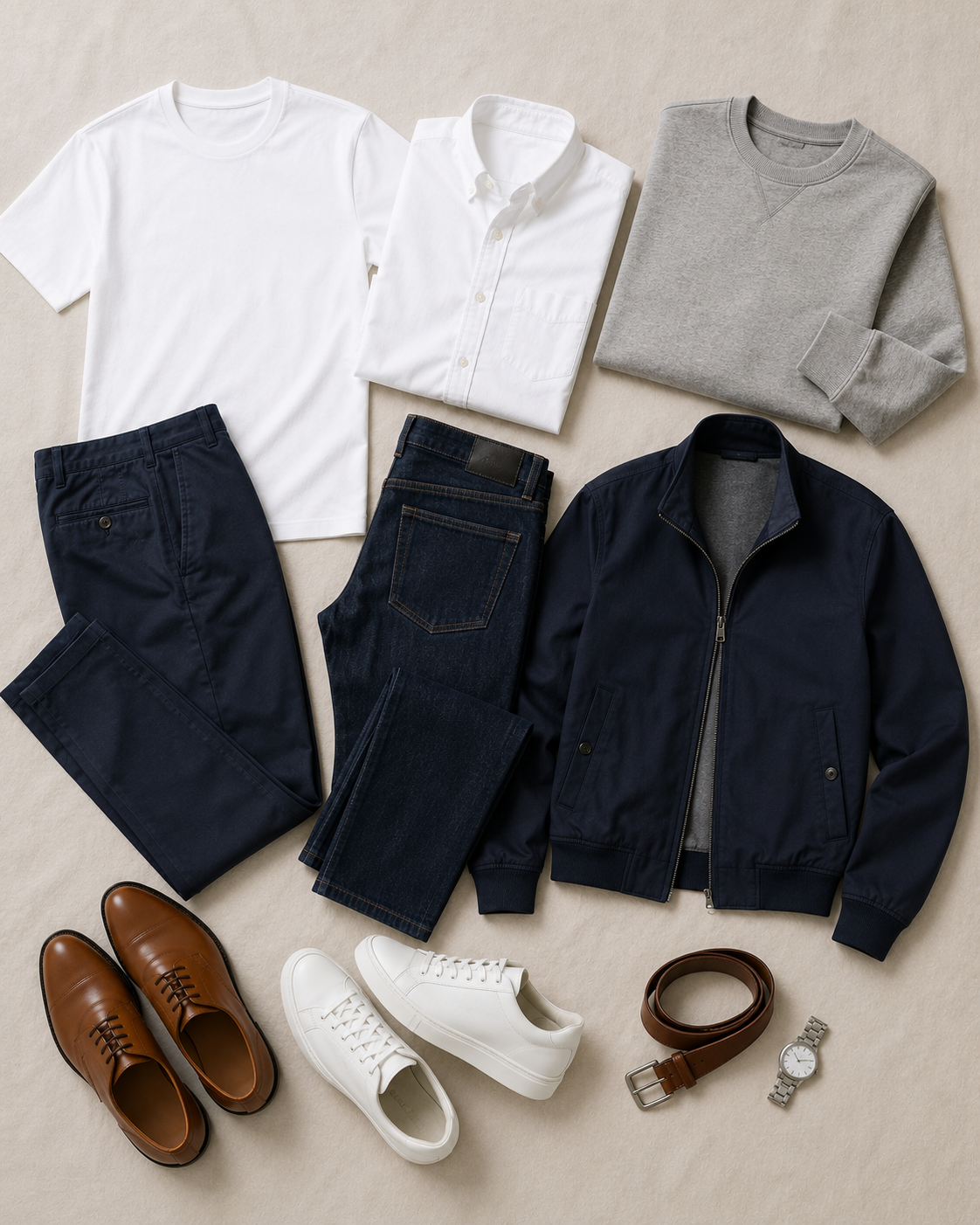 The complete Intentional Man wardrobe — all ten pieces laid out flat