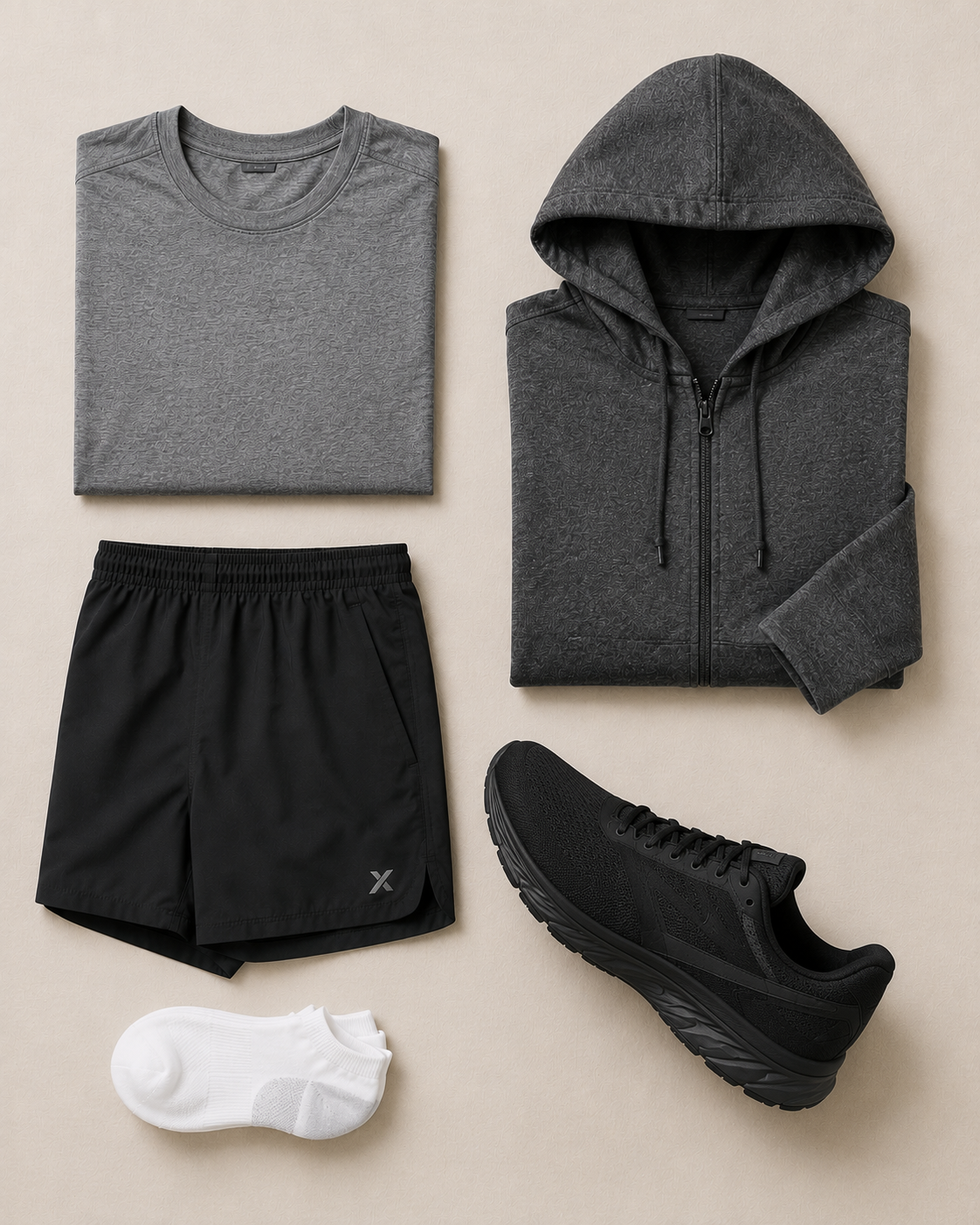 The complete Intentional Man gym kit — t-shirt, shorts, hoodie, socks and running shoe